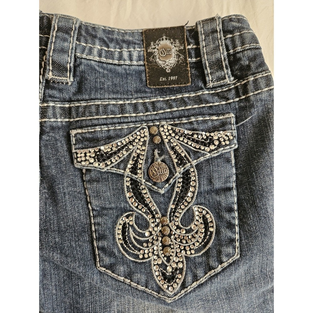 Cello Jeans‎ Women 5 Bootcut Embellished Fleur De Lis Rhinestone Thick Stitch